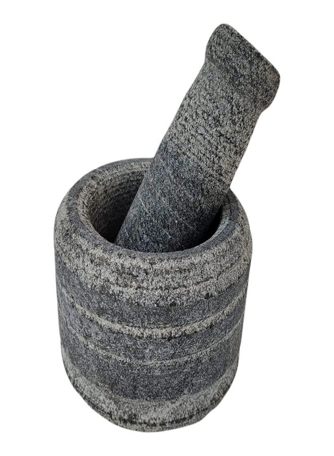 AZKAR Stone Mortar Pestle Set for Spices, Okhli Masher, Khalbatta Stone, Natural & Traditional Grinder, Musal, Well Design for Kitchen, Home, Herbs (4x3 inch) Grey - Image 1